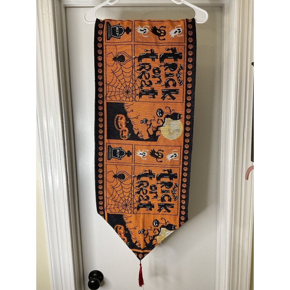 Halloween Trick Or Treat Tapestry Table Runner 72" Long Orange & Black With Spid